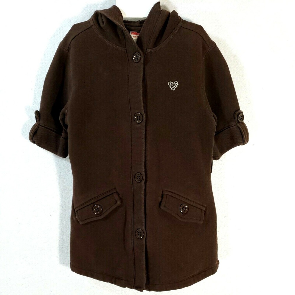 Gymboree Girls Size 5-6 Hooded Short Sleeve Shirt Brown Rhinestone Heart Hoody